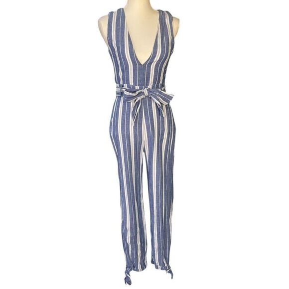 Tularosa Reese Striped V-Neck Button Back Striped Jumpsuit Blue White Size Small - Picture 1 of 10